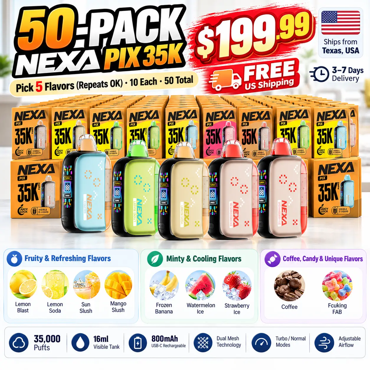 NEXA PIX 35K 50-pack bundle showing 9 available flavors, 35,000 puffs, 16ml visible tank, 800mAh rechargeable battery and $199.99 price.