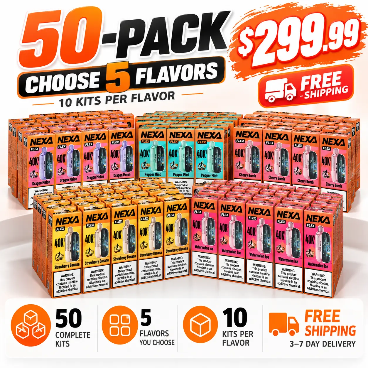 NEXA Flex 40K 50-pack bundle for $299.99, choose 5 flavors with 10 complete kits per flavor, free shipping.