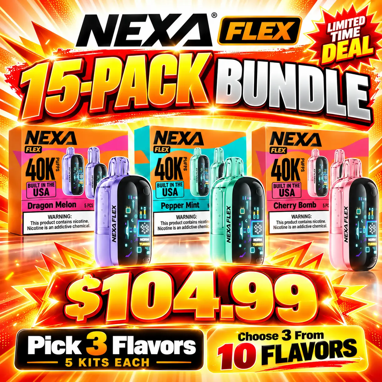 NEXA Flex 40K disposable vape kit 15-Pack promotional bundle featuring 15 complete kits, 3 selectable flavors and a special price of $104.99
