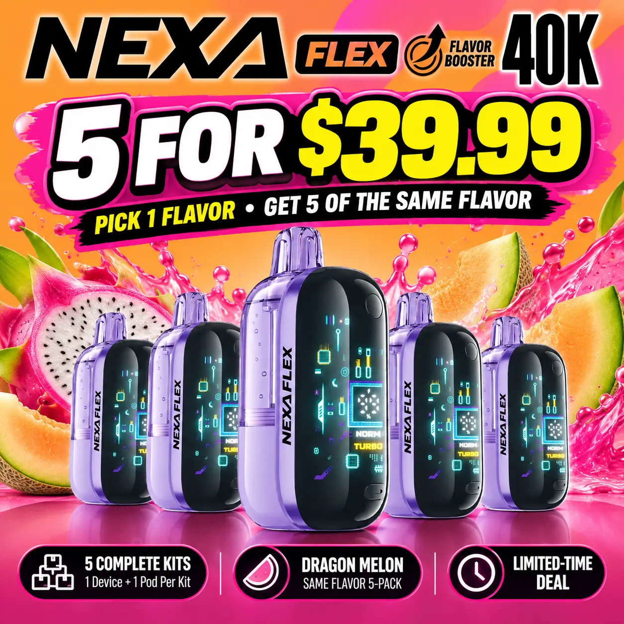 NEXA Flex Flavor Booster 40K disposable vape 5-pack for $39.99, featuring five same-flavor complete kits with rechargeable devices and prefilled pods.