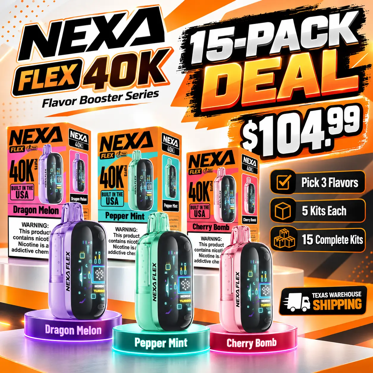 NEXA Flex Flavor Booster 40K 15-Pack bundle with three 5-pack boxes, choose 3 from 10 available flavors, $104.99