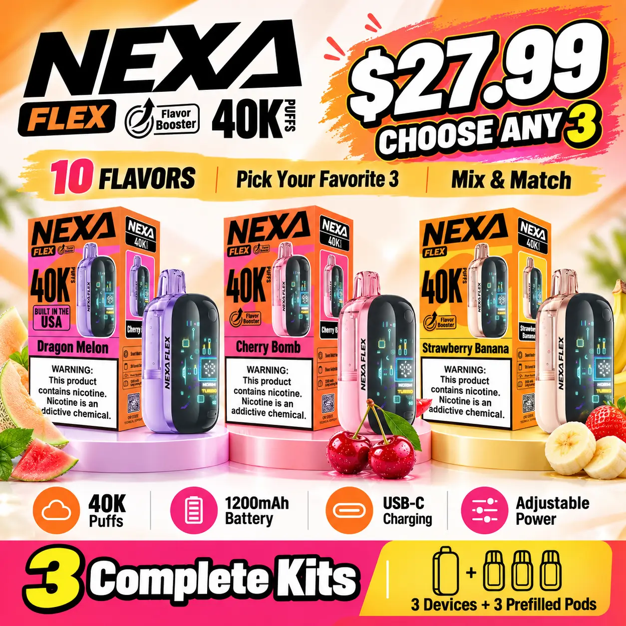 NEXA Flex 40K disposable vape mix and match 3-pack, $27.99 for 3 complete kits with 3 devices and 3 prefilled pods, 10 available flavors