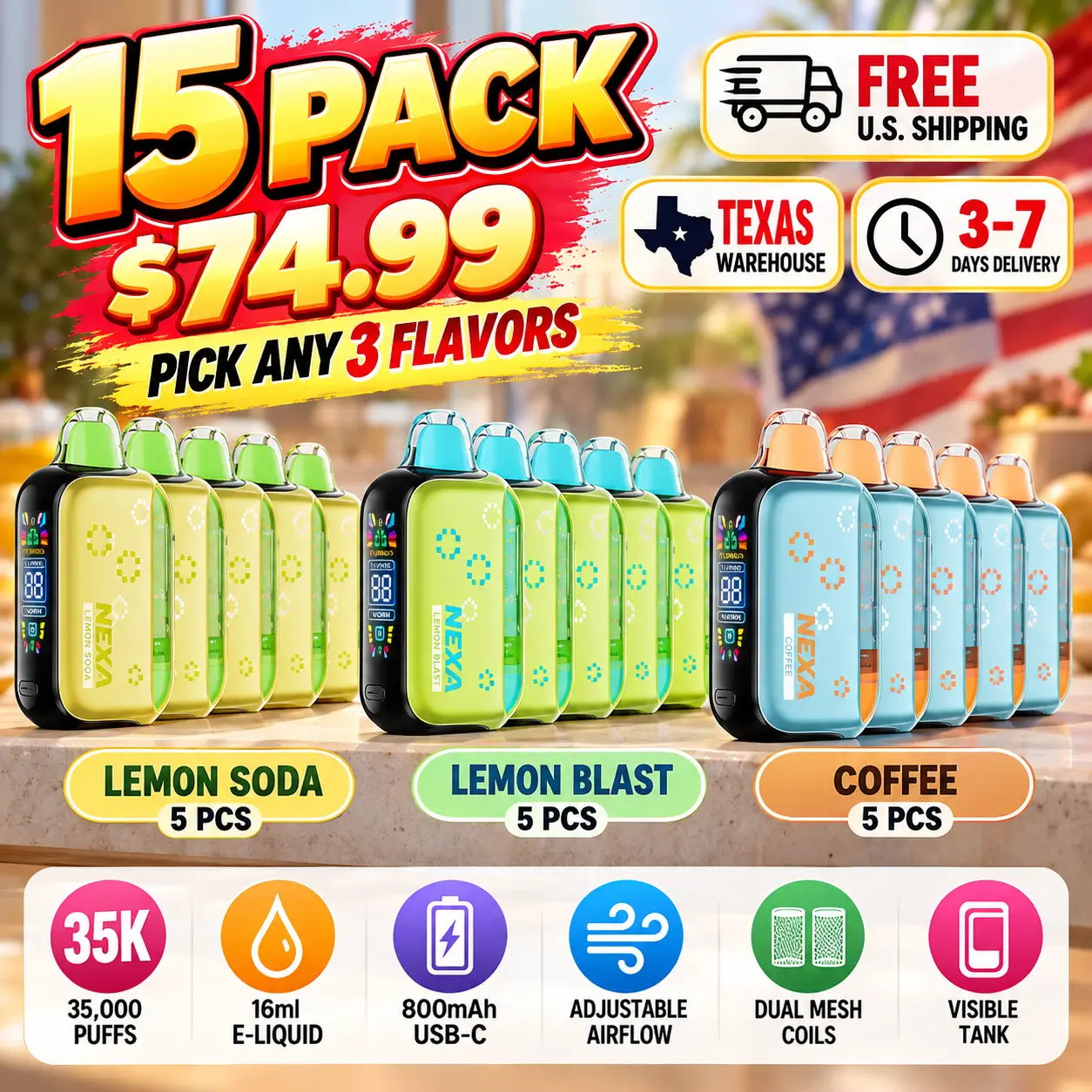 NEXA PIX 35K 15-device bundle for $74.99 showing 5 Lemon Soda, 5 Lemon Blast and 5 Coffee devices, with free U.S. shipping from Texas.