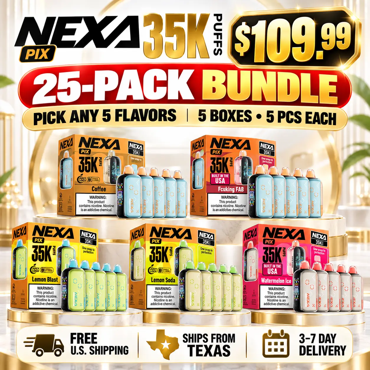 NEXA PIX 35K 25-pack promotional bundle featuring 5 boxes of 5 devices, mix and match 5 flavors for $109.99 with free U.S. shipping.