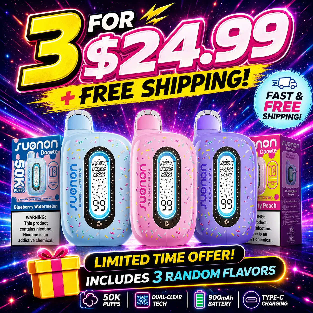 3 for $24.99 + Free Shipping SUONON DONETE 50K Disposable Vape