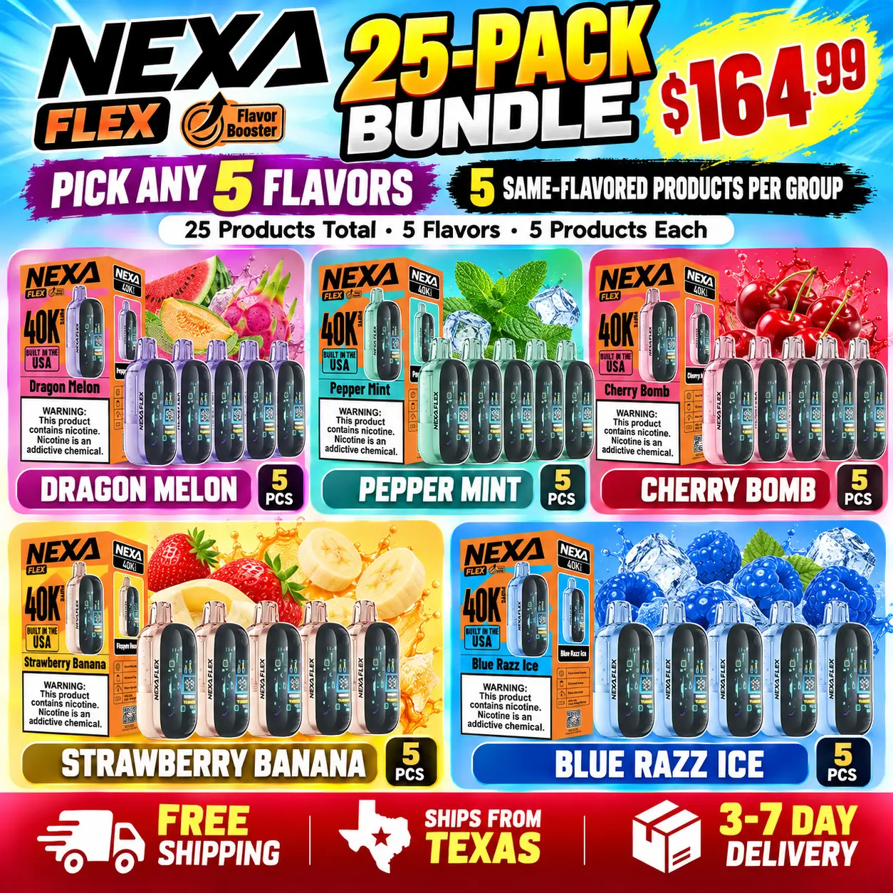 NEXA Flex Flavor Booster 40K 25-pack showing five flavor groups with five matching vape kits per flavor, 25 complete kits total.