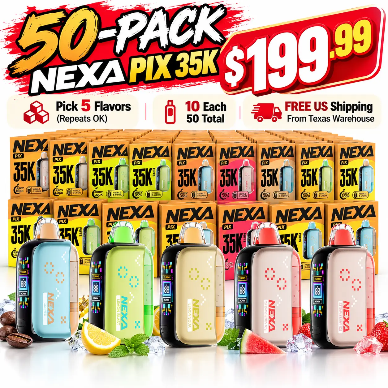 NEXA PIX 35K 50-pack bundle for $199.99, pick 5 flavors with 10 vapes each, free US shipping from Texas warehouse.