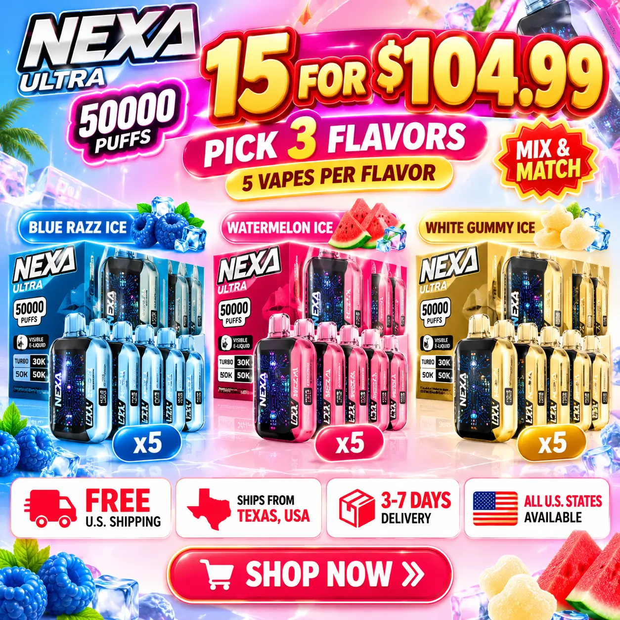 NEXA Ultra 50K Disposable Vape – 15-Pack for $104.99, Pick 3 Flavors, 5 Each, Free US Shipping