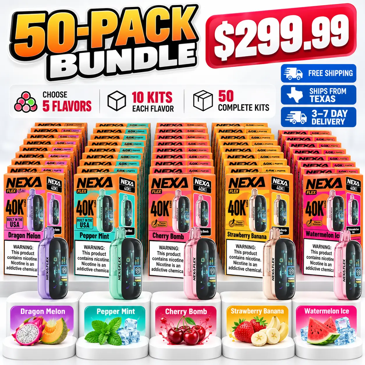 NEXA Flex 40K 50-pack showing five flavor groups with 10 kits each: Dragon Melon, Pepper Mint, Cherry Bomb, Strawberry Banana and Watermelon Ice.