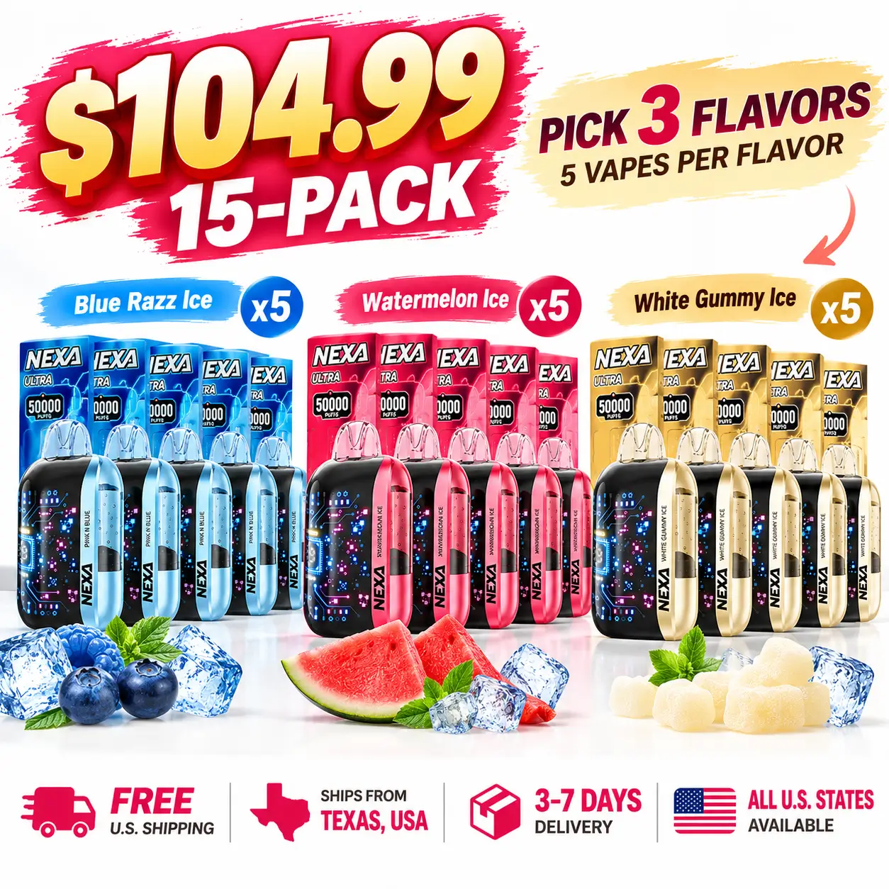 NEXA Ultra 50K 15-Pack Bundle for $104.99 – Pick 3 Flavors, Free US Shipping, Texas Warehouse, 3–7 Day Delivery